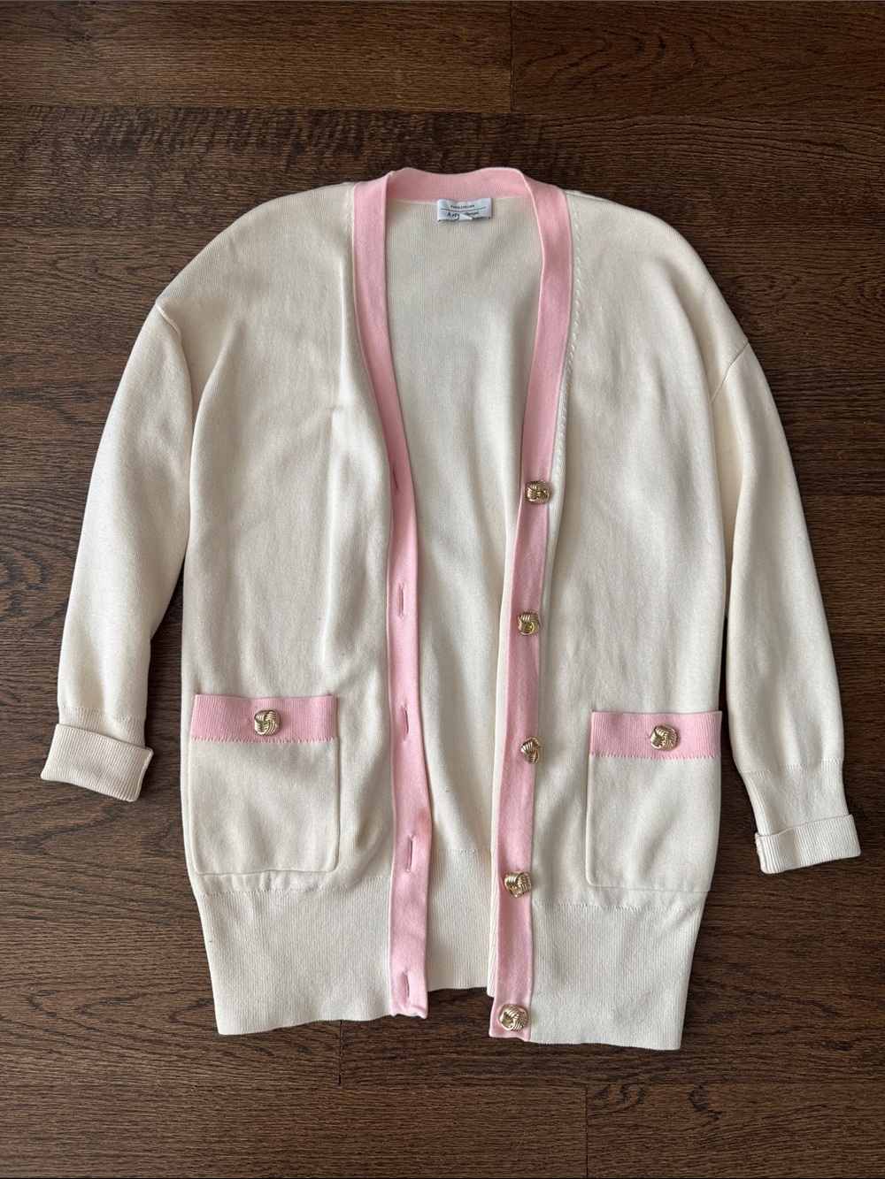 & Other Stories Cream Cardigan with Pink Trim and Gold Buttons